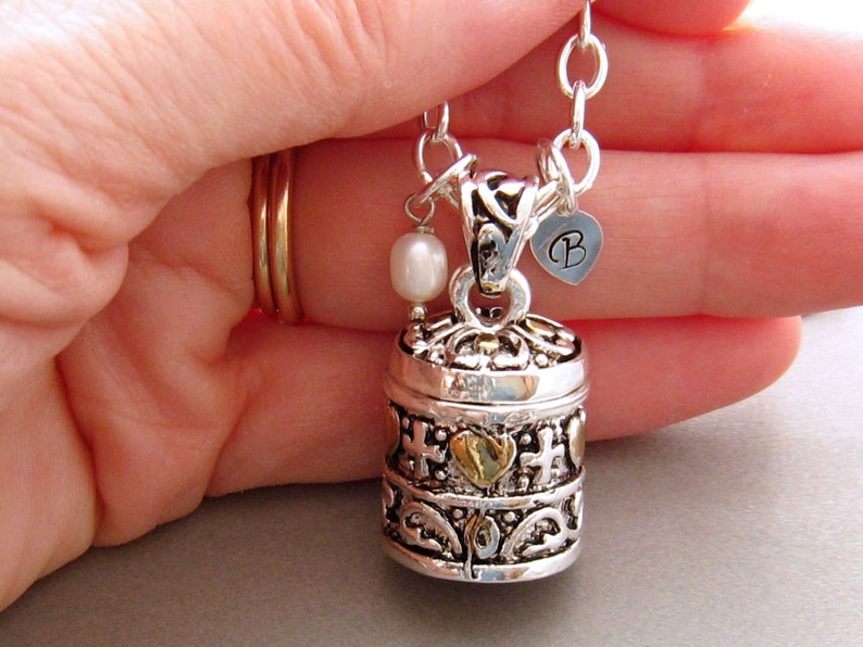 Prayer Box Necklace, Secret Compartment Locket Necklace, Hearts and Cross Personalized Prayer Box Necklace, Sterling Fill Chain Cylinder (Shown)