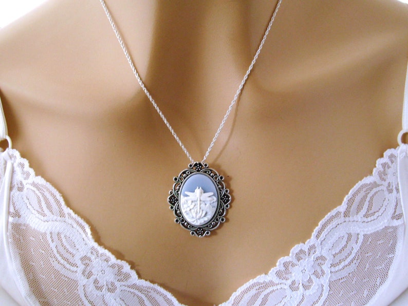 Small Blue Cameo: Victorian Woman Blue Cameo Necklace, Vintage Inspired Romantic Victorian Jewelry, Antiqued Silver, Blue Cameo Necklace image 4