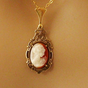 Small Peach Cameo: Victorian Woman Peach Cameo Necklace, Vintage Inspired Romantic Victorian Jewelry, Antiqued Gold, Peach Cameo Necklace image 6