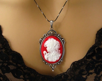 Sophisticated Goth Jewelry, Red Cameo Necklace Gothic Black Sterling Silver Chain, Victorian Gothic Necklace, Office Goth Necklace