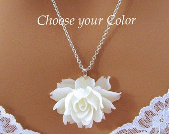 White Rose Necklace, White Flower Necklace, Romantic Jewelry, Large Rose Necklace