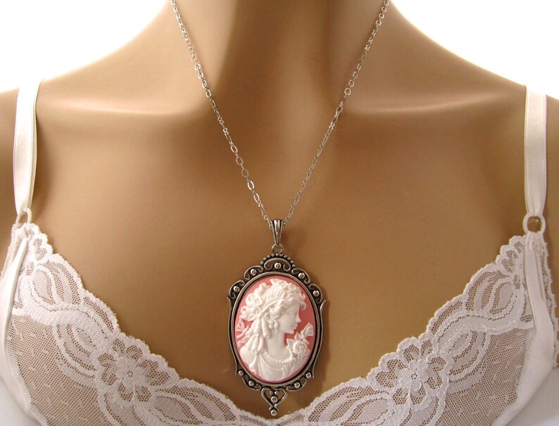 Lady Peach Cameo Romantic Neoclassical Jewelry Antiqued Silver Pink Cameo: Tiny Renaissance Woman Peach Pink Cameo Necklace