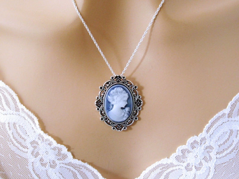 Small Blue Cameo: Victorian Woman Blue Cameo Necklace, Vintage Inspired Romantic Victorian Jewelry, Antiqued Silver, Blue Cameo Necklace image 1