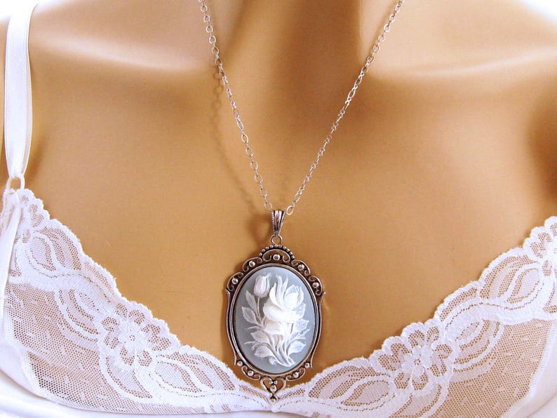 Flower Cameo Necklace, Victorian Black Cameo, Rose Blue Cameo Necklace, Victorian Cameo Jewelry, Sterling Silver Chain image 2