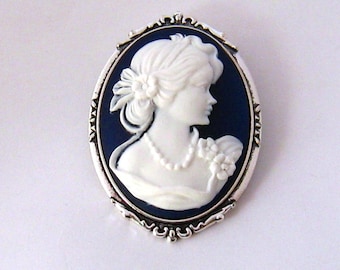 Blue Cameo Brooch, Victorian Pendant Brooch, Woman Brooch, Blue Brooch, Holiday Gift Ideas, Gift Idea for Mom, Jewelry Christmas Gift
