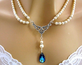 Bridal Jewelry, Bridal Necklace, Wedding Necklace, Romantic Victorian Necklace, Something Blue, Crystal and Pearl Jewelry