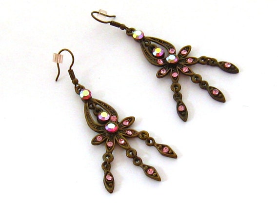 Pink Chandelier Earrings, Antiqued Bronze Earring… - image 2