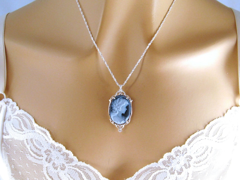 Blue Cameo: Victorian Woman Real Cameo Necklace, Sterling Silver, Vintage Inspired Romantic Victorian Jewelry, Romantic Gift for Her image 4