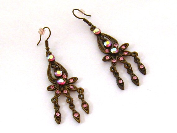 Pink Chandelier Earrings, Antiqued Bronze Earring… - image 3