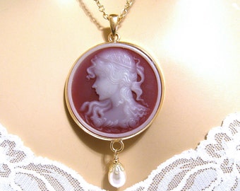 Cherry Red Cameo Necklace: Victorian Woman Round Cameo Necklace, Vintage Inspired Victorian Jewelry