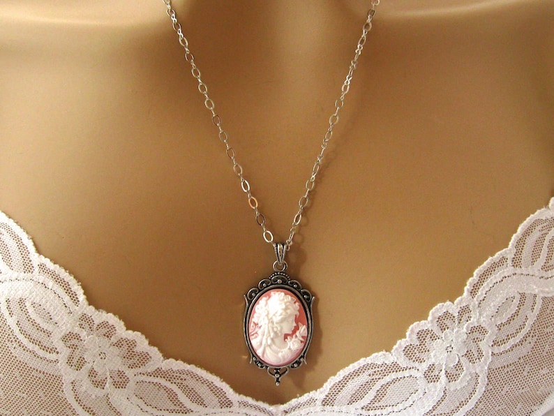Lady Peach Cameo Romantic Neoclassical Jewelry Antiqued Silver Pink Cameo: Tiny Renaissance Woman Peach Pink Cameo Necklace