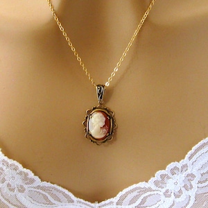 Small Peach Cameo: Victorian Woman Peach Cameo Necklace, Vintage Inspired Romantic Victorian Jewelry, Antiqued Gold, Peach Cameo Necklace image 3