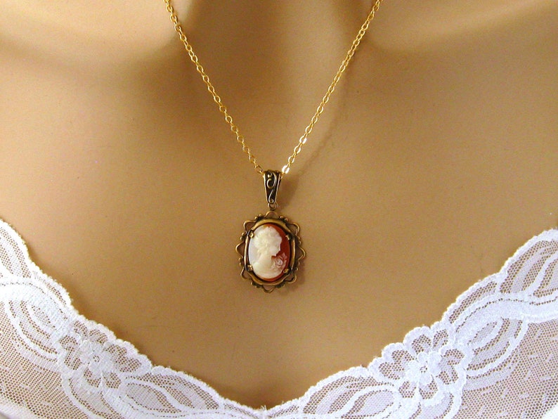 Small Peach Cameo: Victorian Woman Peach Cameo Necklace, Vintage Inspired Romantic Victorian Jewelry, Antiqued Gold, Peach Cameo Necklace image 3