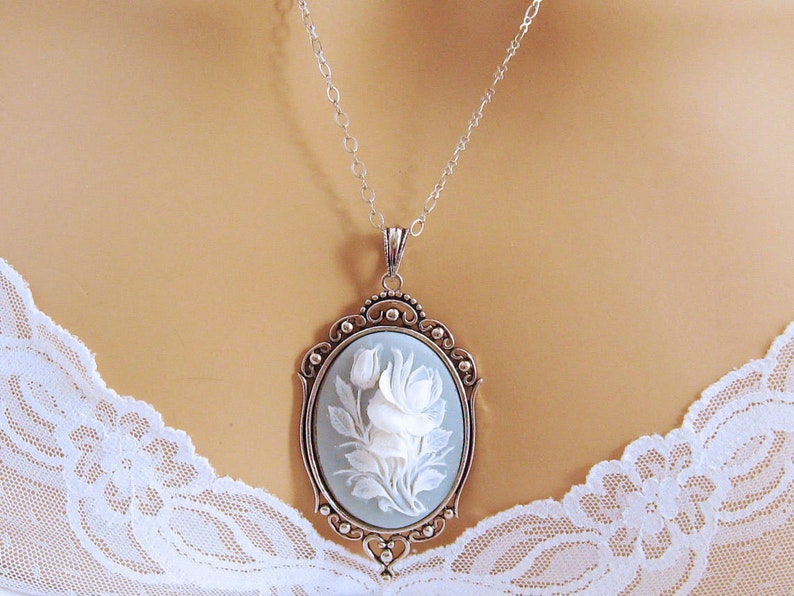 Flower Cameo Necklace, Victorian Black Cameo, Rose Blue Cameo Necklace, Victorian Cameo Jewelry, Sterling Silver Chain image 4