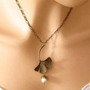 8th Anniversary Gift for Her/Bronze Pendant Necklace/Bronze Jewelry/Faux Pearl/ Bronze Ginkgo Necklace/Bronze Anniversary Gift for Her image 1