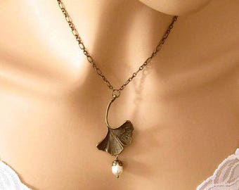 8th Anniversary Gift for Her/Bronze Pendant Necklace/Bronze Jewelry/Faux Pearl/ Bronze Ginkgo Necklace/Bronze Anniversary Gift for Her