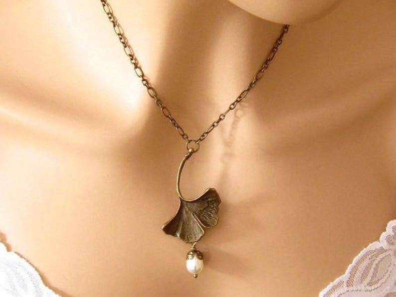 8th Anniversary Gift for Her/Bronze Pendant Necklace/Bronze Jewelry/Faux Pearl/ Bronze Ginkgo Necklace/Bronze Anniversary Gift for Her image 1