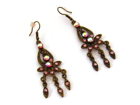 Pink Chandelier Earrings, Antiqued Bronze Earring… - image 1