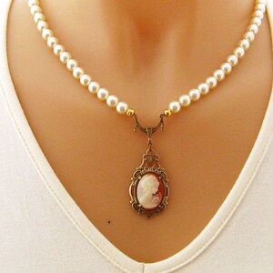 Victorian Woman Cameo Pearl Necklace, Victorian Pearl Cameo Necklaces, Single Strand Pearl Necklace, Cameo Jewelry, Romantic Pearl Jewelry image 5