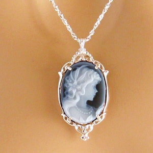 Blue Cameo: Victorian Woman Real Cameo Necklace, Sterling Silver, Vintage Inspired Romantic Victorian Jewelry, Romantic Gift for Her image 7