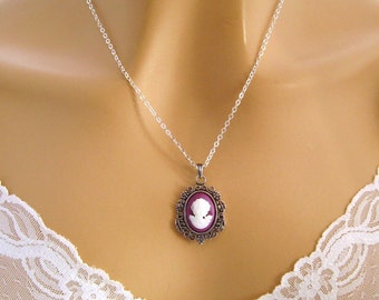 Purple Cameo Necklace: Victorian Woman Tiny Magenta Cameo Necklace, Sterling, Vintage Inspired Romantic Purple Necklace, Gift Idea for Her
