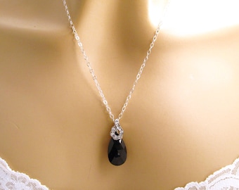 Black Pendant Necklace, Black Crystal Passions Crystal Necklace, Sterling Silver Black Necklace