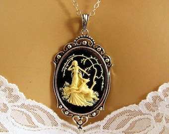 Black Cameo, Diana The Huntress Black Cameo Necklace, Victorian Jewellery, Expectant Mom Gift, Roman Mythology Jewelry