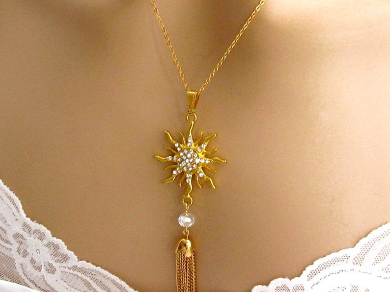 Silver Choose Your Length Rhinestone Gold Tassel Necklace