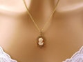 Small Peach Cameo: Victorian Woman Peach Cameo Necklace, Vintage Inspired Romantic Victorian Jewelry, Antiqued Gold, Peach Cameo Necklace