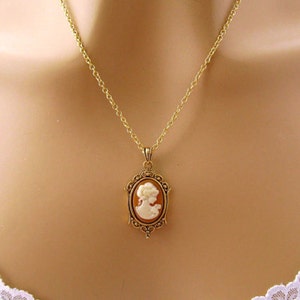 Small Peach Cameo: Victorian Woman Peach Cameo Necklace, Vintage Inspired Romantic Victorian Jewelry, Antiqued Gold, Peach Cameo Necklace