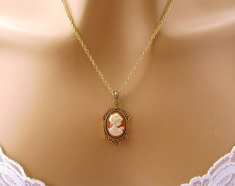 Small Peach Cameo: Victorian Woman Peach Cameo Necklace, Vintage Inspired Romantic Victorian Jewelry, Antiqued Gold, Peach Cameo Necklace