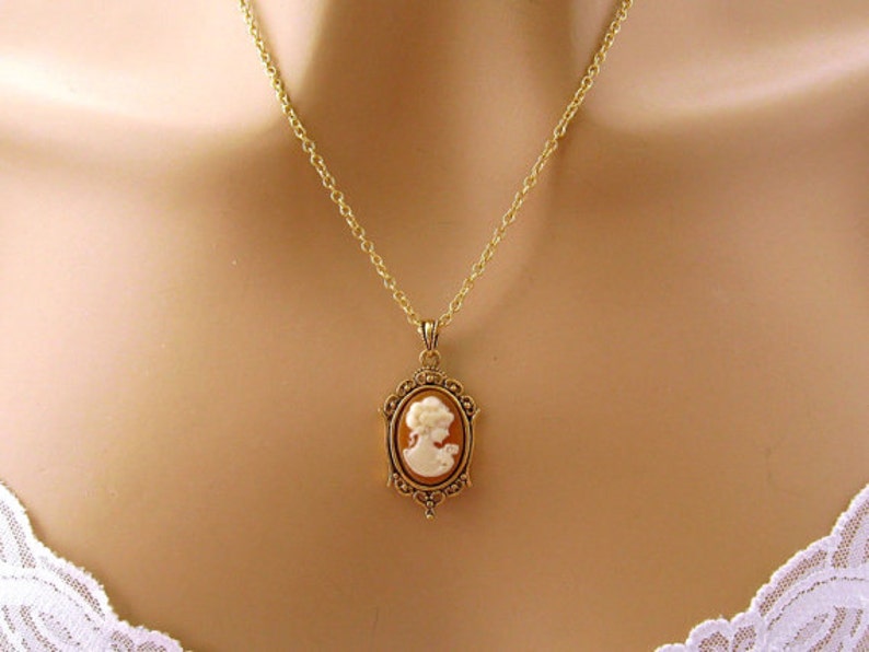Small Peach Cameo: Victorian Woman Peach Cameo Necklace, Vintage Inspired Romantic Victorian Jewelry, Antiqued Gold, Peach Cameo Necklace image 1