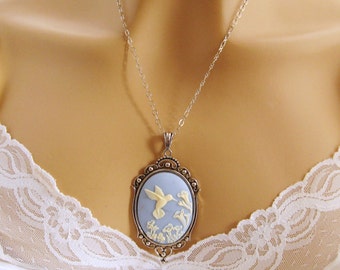 Blue Cameo: Victorian Hummingbird Blue Cameo Necklace, Antiqued Silver, Vintage Inspired Romantic Art Nouveau Jewelry