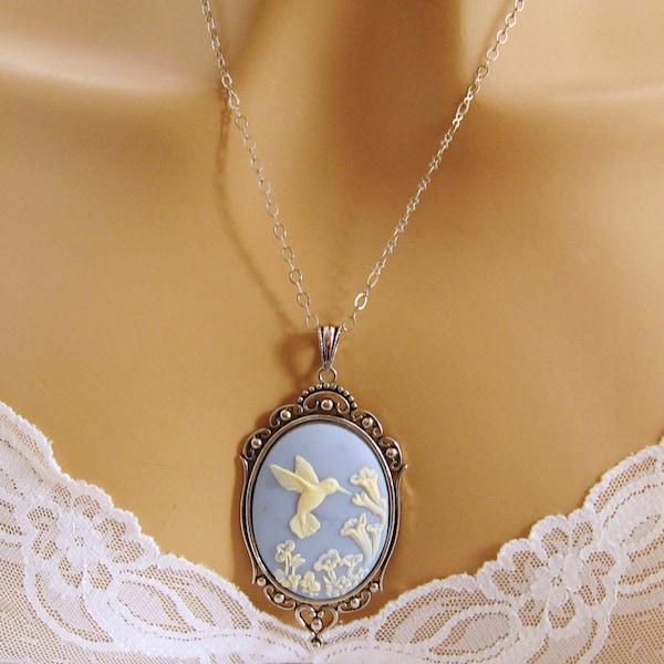 Blue Cameo: Victorian Hummingbird Blue Cameo Necklace, Antiqued Silver, Vintage Inspired Romantic Art Nouveau Jewelry