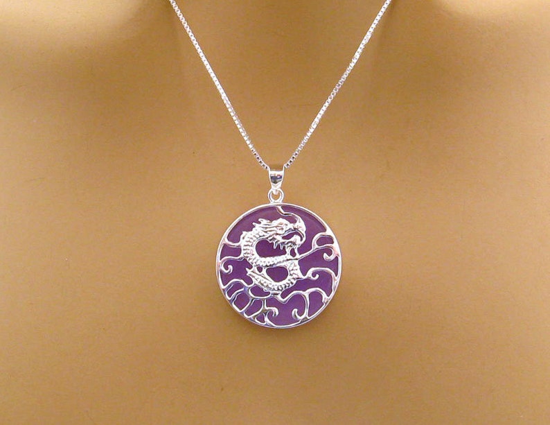 Lavender Jade Sterling Silver Dragon Necklace Chinese Dragon Purple Jade Luck Wisdom Jewelry Gift for Her
