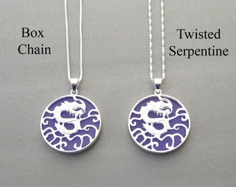 Purple Jade Sterling Silver Dragon Necklace, Lavender Jade Luck
