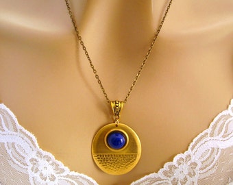 Art Deco Necklace,  Gold Pendant Necklace, Retro Blue Necklace, 1920s Jewelry, Abstract Gold Necklace