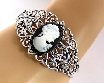 Victorian Lady Cameo Bracelet, Victorian Cameo Bracelet, Cameo, Victorian, Cameo Jewelry Gift, Lady Cameo, Silver Cameo Cuff Bracelet