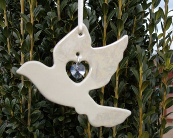 Handcrafted Dove Porcelain Ornament with Swarovski Crystal, Wedding Favor, Dove Ornament, Wedding Decor, Sun Catcher, Memorial Dove Ornament