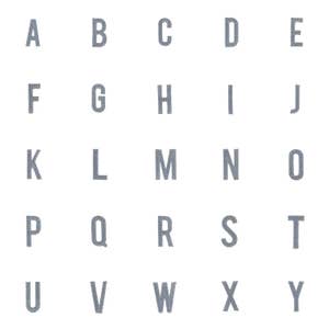 Könnte beinhalten: Ein weißer Hintergrund mit den Buchstaben des Alphabets von A bis Y in einer grauen, klobigen Schrift.