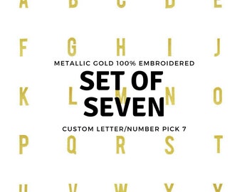 Iron On Letters and Numbers, CUSTOM PICK Your 7 Pieces, Gold Metallic Patch 100% Embroidered, Modern Sans Serif Font 2" tall or 4" tall