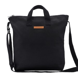 Black Tote Bag With Zipper For Women, Natural 100% Cotton Black Small Canvas Zipper Tote Bag with Adjustable Crossbody Straps