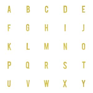 May include: Gold alphabet letters, A through Y, arranged in five rows of five letters each. The letters are cut out of gold foil and have a slightly textured surface.