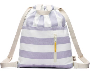 Canvas Backpack Lavender Stripes, Vegan Backpack Drawstring Backpack, Monogram Backpack, Backpack Rucksack Kids, Fabric Backpack