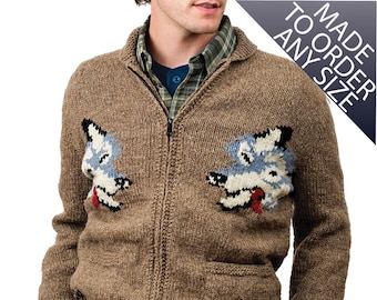 Wolf Sweater Cowichan Style Wool Cardigan Sweater Jumper Zipper Mary Maxim Sweater New