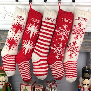 Personalized Christmas Stockings Hand Knit Wool Stockings White Red