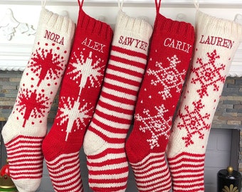 Personalized Christmas Stockings Hand Knit Wool Stockings White Red