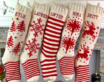 Personalized Christmas Stockings Hand Knit Wool Stockings White With Red Accents