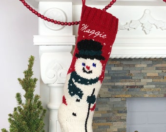 Christmas Stocking Personalized Knit Mary Maxim Snowman Wool Monogrammed Custom Embroidered Xmas Holiday Sock