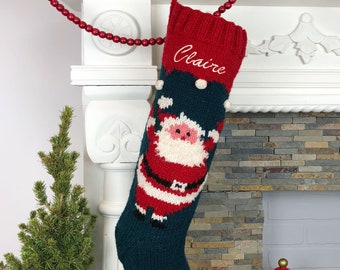 Christmas Stocking Knit Personalized Santa Snowball Wool Custom Stocking Monogrammed Personalised Embroidered Xmas Stocking